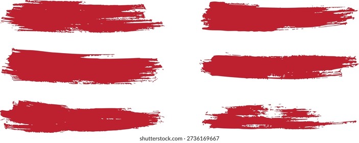 Red brush strokes texture set. Grunge paint swashes isolated on white background. Artistic hand painted lines for banners, posters, branding, social media and modern graphic design use.