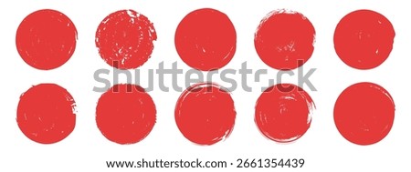 Red brush sun rough circle. Hand drawn grunge Japanese sun stamp on white background