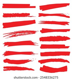 Red brush vector underlines, marker lines. Set of vector paint brush stroke, ink splatter and artistic design elements. Hand drawn ink spots isolated on white background. Vector illustration