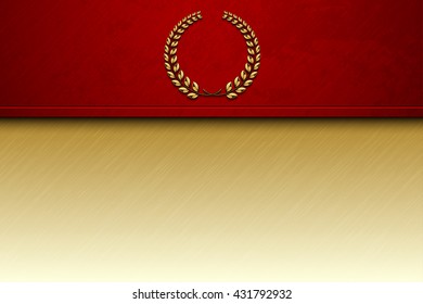 Red brushed metal abstract background with grunge texture and golden laurel wreath sign. Vector scratched surface and decorative element. Modern vip design. Logo concept