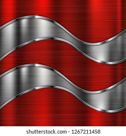 Red brushed metal background with silver waves. Vector 3d illustration