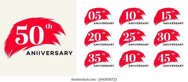 Logos rojos del aniversario de la pincelada 5.º, 10.º, 15.º, 20.º, 25.º, 30.º, 35.º, 40.º, 45.º, 50.º