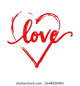 Coração pincelada vermelha com texto de amor cursivo em estilo artístico desenhado à mão sobre fundo branco, simbolizando romance e afeto
