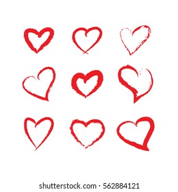 red brushstroke hearts set. hand draw. design element for valentine day