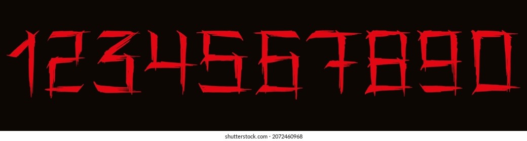 Red brushstroke numbers on black background.
