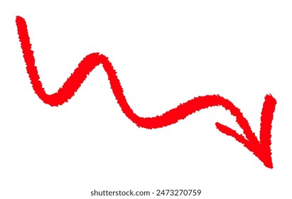 Red brush-styled arrow pointing down with a wavy line. Vector illustration.