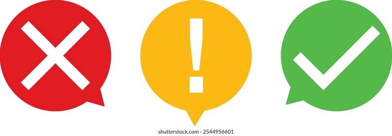 red bubble with cross mark white color, yellow bubble with exclamation mark, green bubble with check mark white color, isolated on white background.