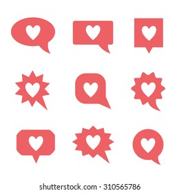 Red bubble with heart symbol set. Vector illustration