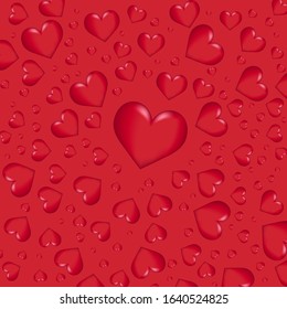 Red bubble hearts seamless pattern, red background, vector illustration
