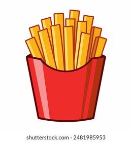 A red bucket filled with french fries placed on a plain white surface