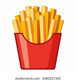 A red bucket filled with french fries on a white background