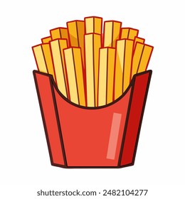 A red bucket filled with french fries placed on a white surface