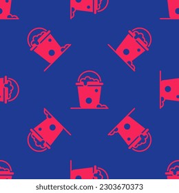 Cubo Rojo con icono de espuma y burbujas aislado patrón sin fisuras en fondo azul. El concepto de servicio de limpieza.  Vector
