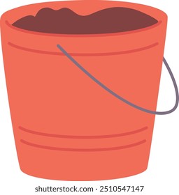 Red bucket full of soil. Agricultural farming equipment isolated on white background