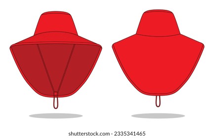 Red bucket hat with cover neck protection template on white background.Front and back view, vector file