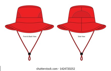 Red Bucket Hat with Mesh Both Sides and Rope-Cord Stopper Template on White Background. Front, Back, and Side Views, Vector File.