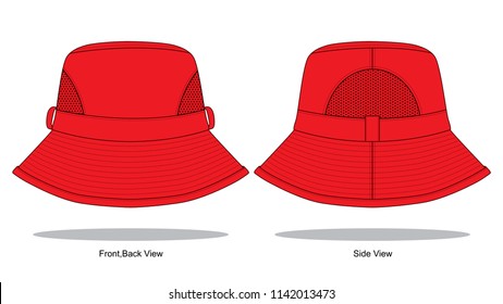 Red Bucket Hat With Mesh At Side Panel Template on White Background, Vector File