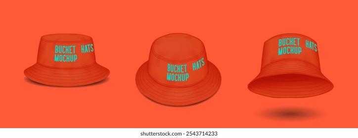 Red bucket hats mockup realistic vector illustration set. Stylish summer head accessory with design template 3d models on color background