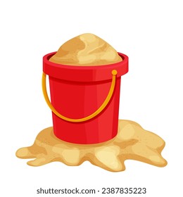Red bucket on golden sand, toy in cartoon style isolated on white background. Kid summer game outdoors.