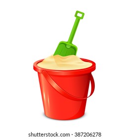 Red bucket with sand and green shovel isolated on white background, illustration.