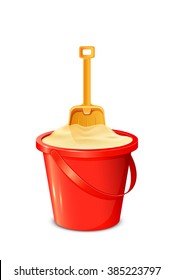 Red bucket with sand and shovel isolated on white background, illustration.