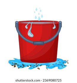 Red bucket with water. Plastic bucket filled water standing in puddle. Liquid container. Pail with handle.Leaking roof, ceiling.Drops of water are dripping from ceiling into bucket.Vector illustration