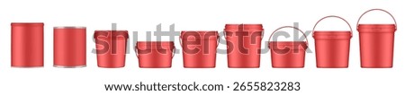 Red buckets and tin jars. Mockup of plastic buckets with handle and lid. Small, medium and large sizes. Tin can