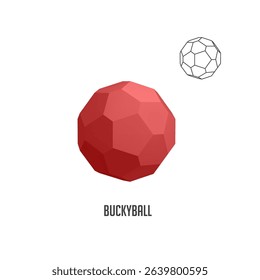 Red buckyball rotating in space with a wireframe version showing its structure, representing nanotechnology, chemistry, and geometric shapes
