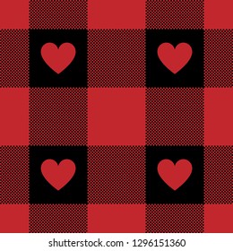 Red Buffalo Check Gingham Pattern For Romantic Shirt Design. Pixel Texture With Red Hearts. Seamless Tile.