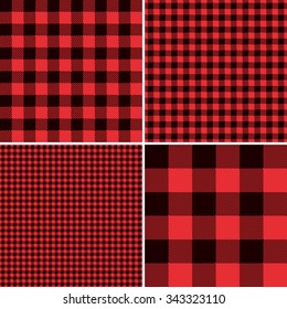 Red Buffalo Check Plaid Patterns. Lumberjack Flannel Shirt Inspired. Square Pixel Gingham. Seamless Tiles. Trendy Hipster Style Backgrounds. Vector File's Pattern Swatches made with Global Colors.