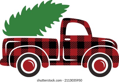 Red buffalo plaid Christmas truck vector illustration isolated on white background. Cute vintage truck with Christmas tree cut file