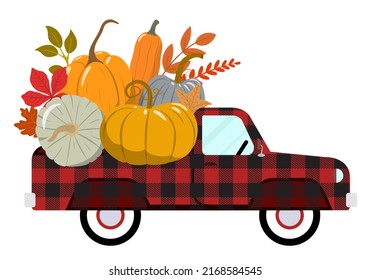 Red buffalo plaid pickup truck with colorful fall pumpkins. Happy Thanksgiving, and harvest season. Vector illustration. Isolated on white background.