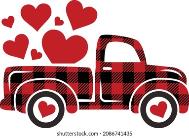 Red buffalo plaid Valentine's day truck with hearts Svg cut file. Vector illustration isolated on white background. Cute Valentine truck clipart perfect for t-shirts, cards, apparel and so on