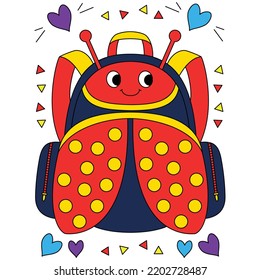 Red Bug Colorful School Bag Backpacks With Love And Triangle Ornaments Coloring Vector Illustration