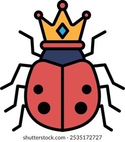 A red bug with a crown on its head. The bug is drawn in a stylized way, with a focus on its crown and the details of its body. The image has a whimsical and playful mood