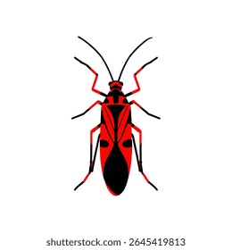 Bicho rojo posa centralmente contra el arte de fondo blanco claro