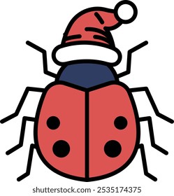 A red bug with a Santa hat on its head.