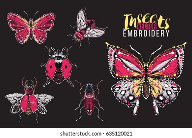 Red bug, small red butterfly, fly, big tropical butterfly, flying ladybag. Embroidery and rhinestones fashion crystal patch with insects illustration. Isolated on black background.