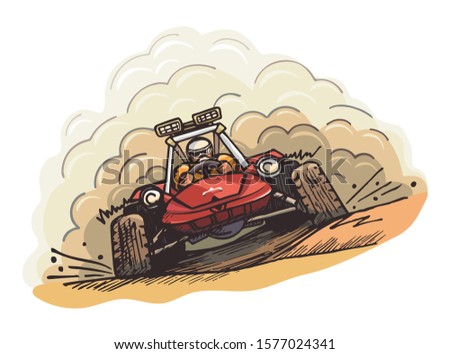Red Buggy car, dust racing, colorful vector bright motorsport illustration, hand drawn cartoon image extreme driver
