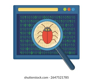 red bugs crawling on binary code displayed on a computer screen search and fixed code error with magnifying glass vector illustration	