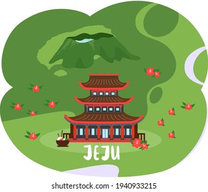 Red building in oriental style standing on flowering slope. Landscape of Jeju island in South Korea