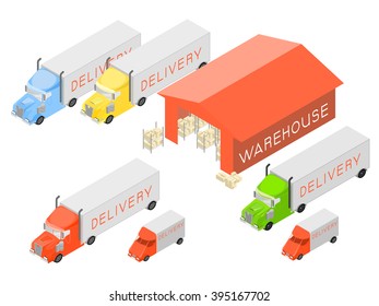 Red building a warehouse in an isometric view. Next to the warehouse there are delivery trucks, large and small. Signs on the boxes.