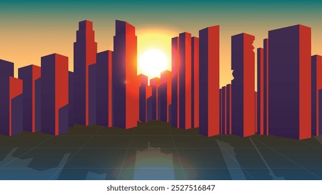 Red buildings cityscape illustration. Sunset sunrise over a modern city in natural color. City silhouette pop colors. Vector city landscape, metropolis tall buildings, skyscrapers, office, real estate