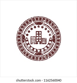 Red buildings icon inside distress rubber seal
