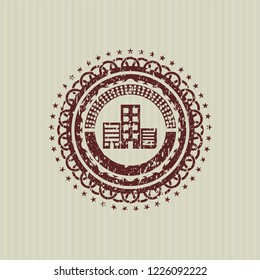 Red buildings icon inside distressed rubber texture