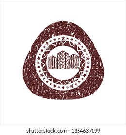 Red buildings icon inside distressed rubber grunge seal