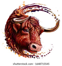 Red bull. Artistic, color, realistic portrait of a red bull in watercolor style on a white background.
