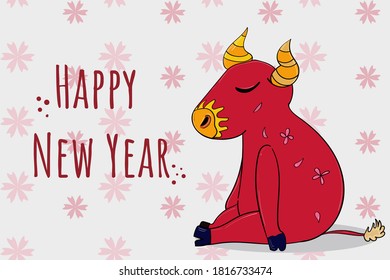 Red Bull with golden horns in the Chinese style. Happy New Year. Illustration in cartoon style 