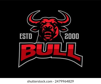 Red Bull Head Maskottchen Vektorgrafik Logo Emblem Aufkleber Abzeichen Angry Face Bull Buffalo Illustration auf schwarzem Hintergrund