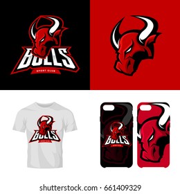 Red bull head sport club isolated vector logo concept. Modern professional team badge mascot design. Premium quality wild animal t-shirt tee print illustration. Smart phone case accessory emblem.